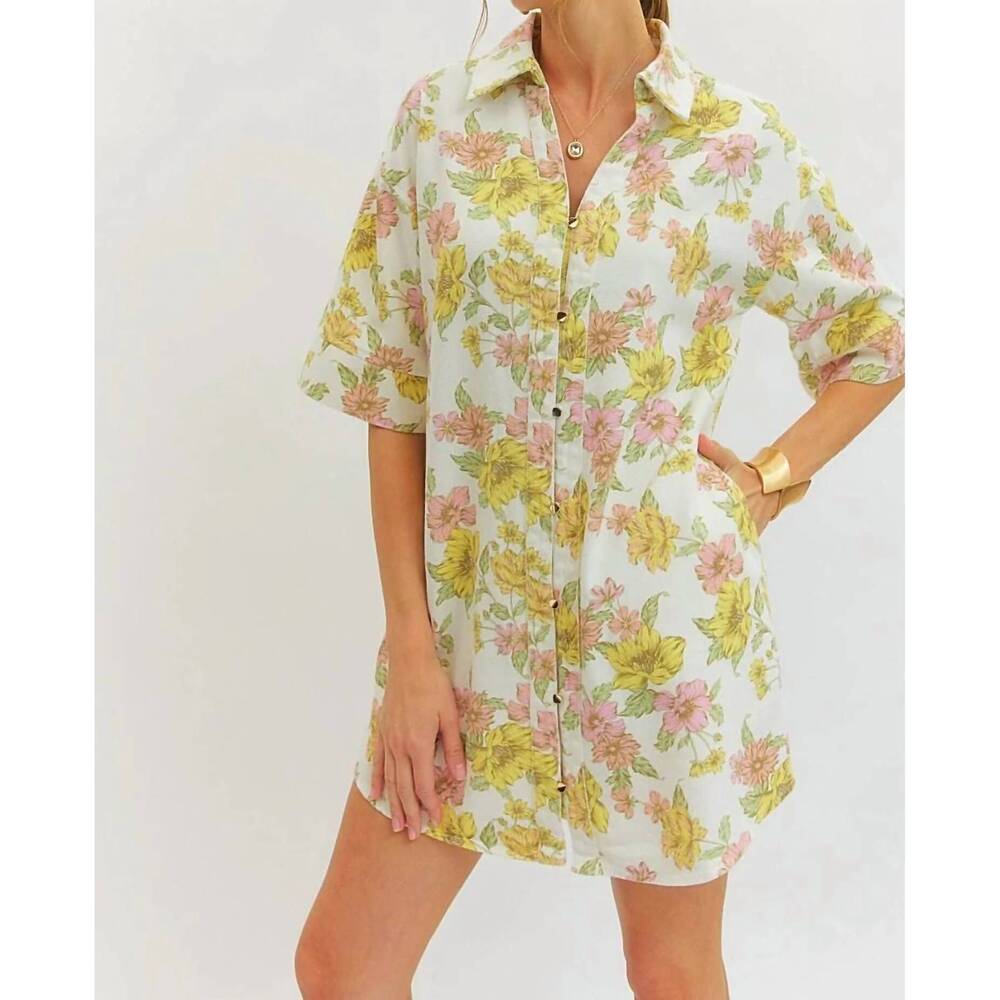NEW ENTRO denim mini shirt dress in yellow and pink floral